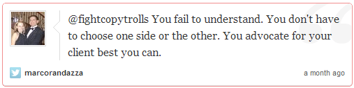 @fightcopytrolls You fail to understand. You don't have to choose one side or the other. You advocate for your client best you can.
